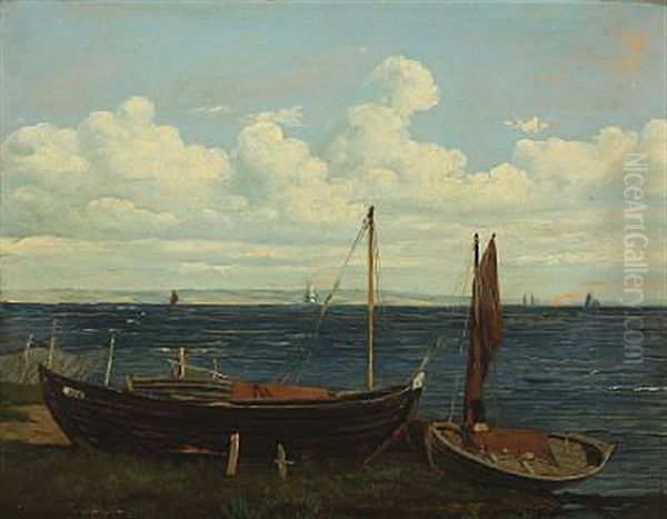 Scenery With Fishing Boats On The Beach Oil Painting by Anton Edvard Kjeldrup