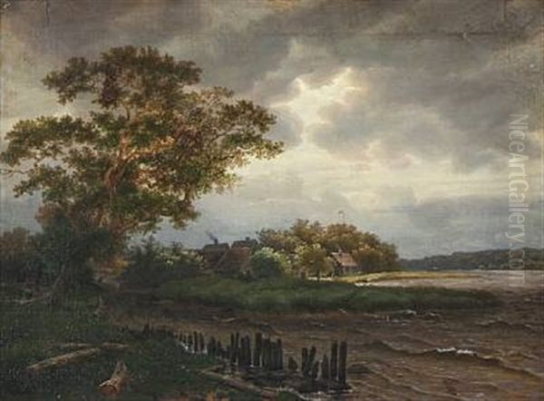 Coastal Scene With Fishing Village Oil Painting by Anton Edvard Kjeldrup