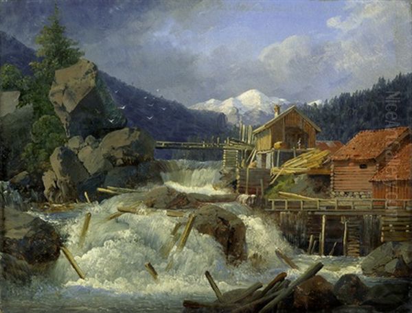 Sagemuhle An Einem Wasserfall In Norwegen Oil Painting by Anton Edvard Kjeldrup