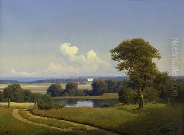 Aussicht Von Fortunen Auf Den Dyrehaven Nordlich Von Kopenhagen, Mit Blick Auf Schlos Bernstorff, Im Hintergrund Der Oresund Und Kopenhagen Oil Painting by Anton Edvard Kjeldrup