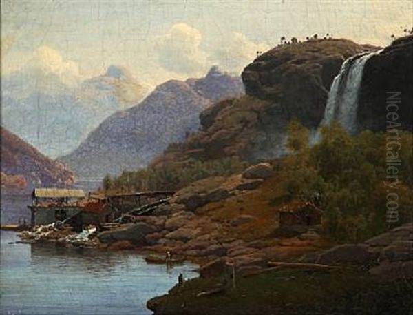 At A Sawmill In Norway Oil Painting by Anton Edvard Kjeldrup