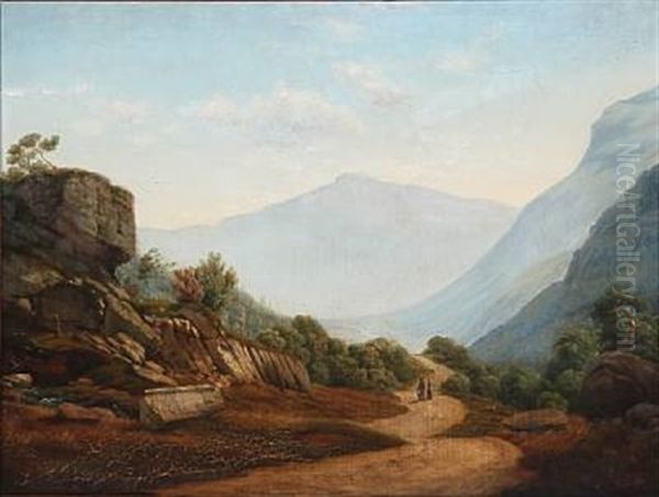 Mountain Landscape With People Walking On A Street Oil Painting by Anton Edvard Kjeldrup