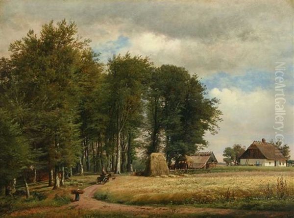 At The Edge Of The Forrest With House, Horse Carriage And Persons Oil Painting by Anton Edvard Kjeldrup