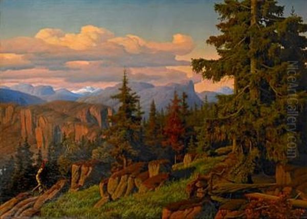 View Of A Mountainous Norwegian Landscape With Spruces In The Foreground Oil Painting by Anton Edvard Kjeldrup