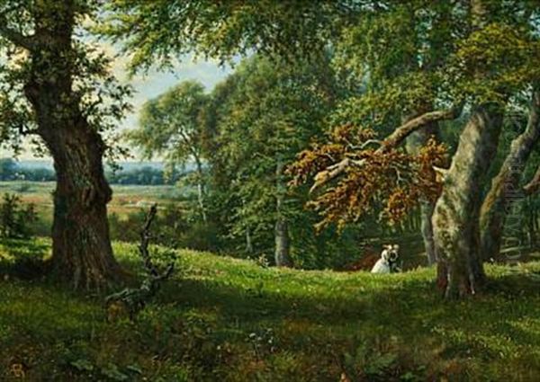 A Young Couple Strolling In Dyrehaven Gardens North Of Copenhagen Oil Painting by Anton Edvard Kjeldrup