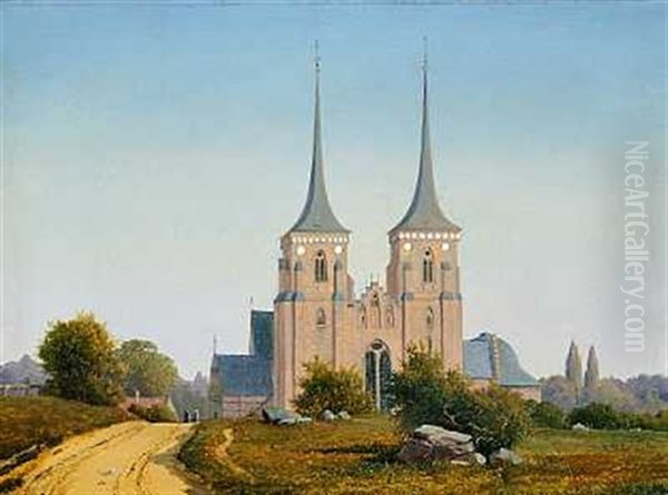 Sommerdag Ved Roskilde Domkirke Oil Painting by Anton Edvard Kjeldrup