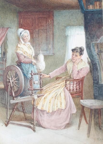 Interior With Young Woman Seated At A Spinning Wheel Oil Painting by Alfred Walter Bayes