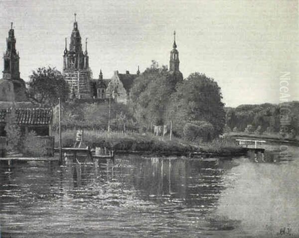 Udsignfra Posen Mod Frederiksborg Slot Oil Painting by Anton Edvard Kjeldrup