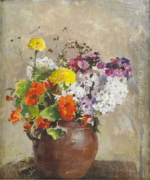 Stilleben Med Hogsommarblommor I Krus Oil Painting by Esther Kjerner