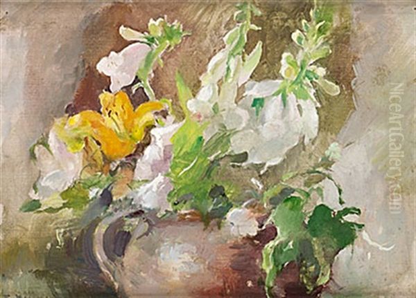 Gul Lilja Och Vita Fingerborgsblommor Oil Painting by Esther Kjerner