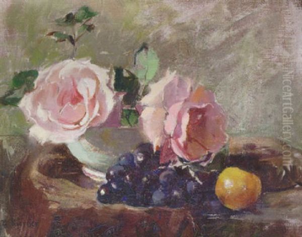 Stilleben Med Rosa Rosor Oil Painting by Esther Kjerner