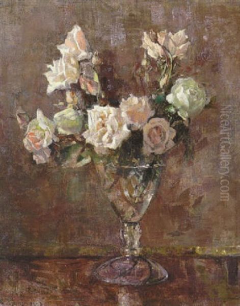 Stilleben Med Vita Rosor Oil Painting by Esther Kjerner