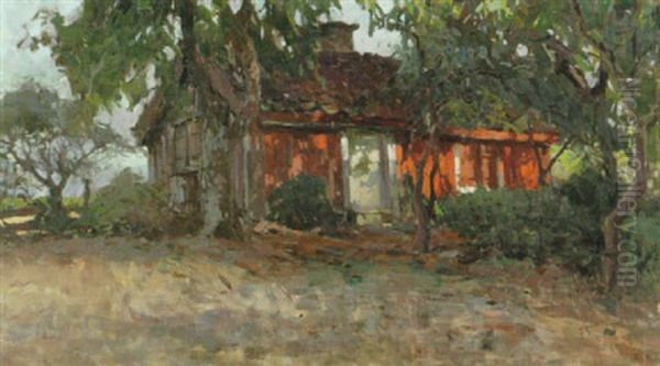 Solbelyst Hus Y Landskap Oil Painting by Esther Kjerner