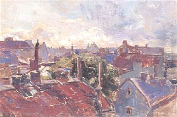 Utsikt Over Soders Takasar - Stockholm Oil Painting by Esther Kjerner