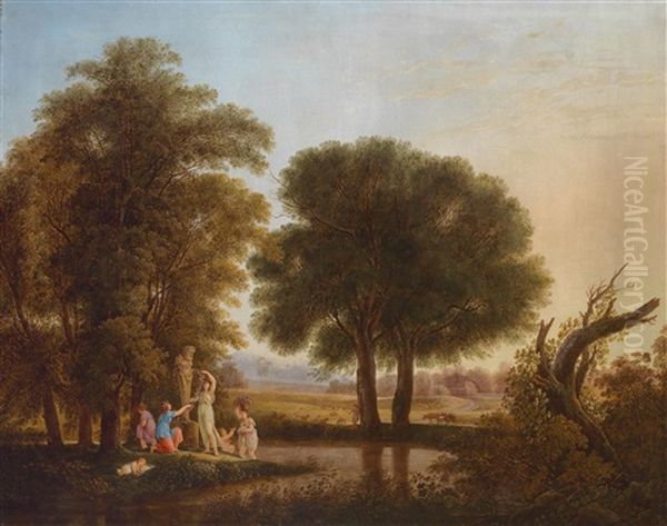 An Ideal Landscape With Girls Adorning A Herm, Signed And Dated At Lower Right: Klass Pin. 180. Oil Painting by Friedrich Christian Klass