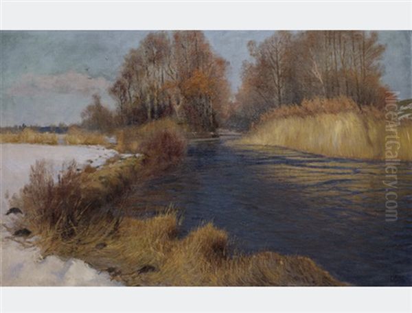 Landscape With A Stream In Winter Oil Painting by Hans (Johann) Klatt