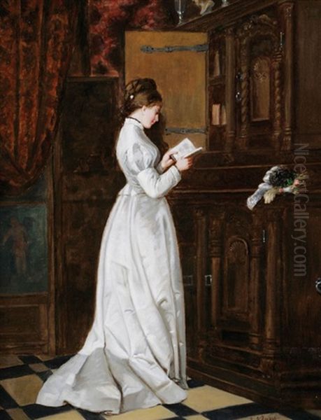 Lady Reading In An Interior Oil Painting by Johannes Klaus