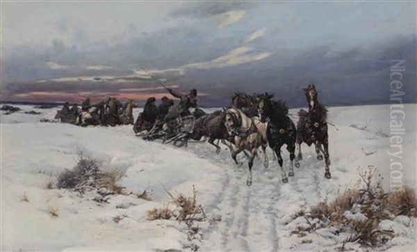 Sleigh Ride Through A Winter Landscape Oil Painting by Bohdan von Kleczynski