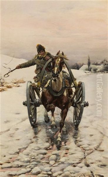 An Icy Road Oil Painting by Bohdan von Kleczynski