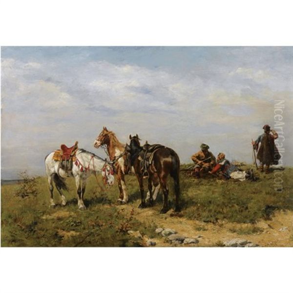 Resting Cossaks Oil Painting by Bohdan von Kleczynski