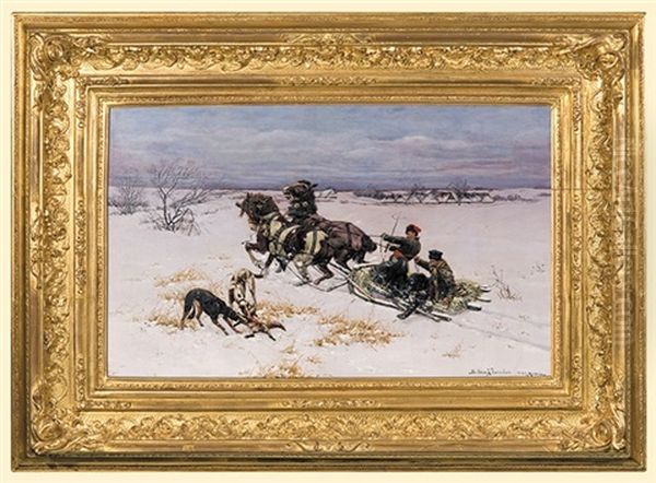 Hunting With Greyhounds Oil Painting by Bohdan von Kleczynski