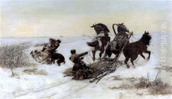 Sledge Attacked By Wolves Oil Painting by Bohdan von Kleczynski