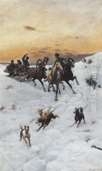 Figures In A Horse Drawn Sleigh In A Winter Landscape Oil Painting by Bohdan von Kleczynski