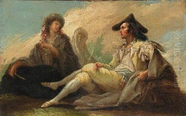 A Youth Seated With A Basket; And A Seated Majo And Maja Inconversation Oil Painting by Ramon Bayeu Y Subias