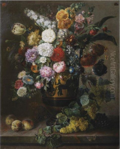 A Still Life Of Roses, Peonies, Carnations, Tulips And Otherflowers In A Classical Vase, Together With Grapes On The Vine Andpeaches, All On A Stone Ledge Oil Painting by Bertrand-Georges Bayle