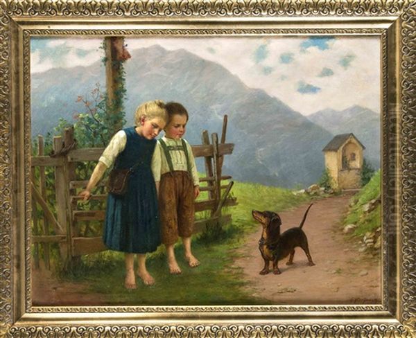 Bayrisches Geschwisterpaar An Einem Gatter Mit Flurkreuz Und Dackel Oil Painting by Theodor Kleehaas