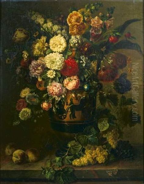 Bouquet Fleurs Dans Un Vase Grec A Figures Noires Sur Un Entablement Oil Painting by Bertrand-Georges Bayle