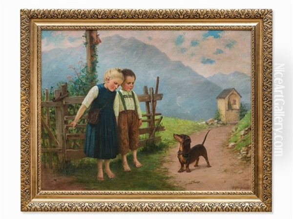 Children With A Dog Oil Painting by Theodor Kleehaas