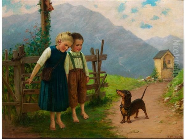 Zwei Kinder Mit Hund Auf Einem Gebirgsweg Oil Painting by Theodor Kleehaas