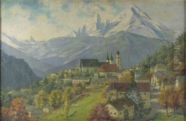 Alpenlandschaft Im Herbst Mit Kirchdorf Oil Painting by Theodor Kleehaas