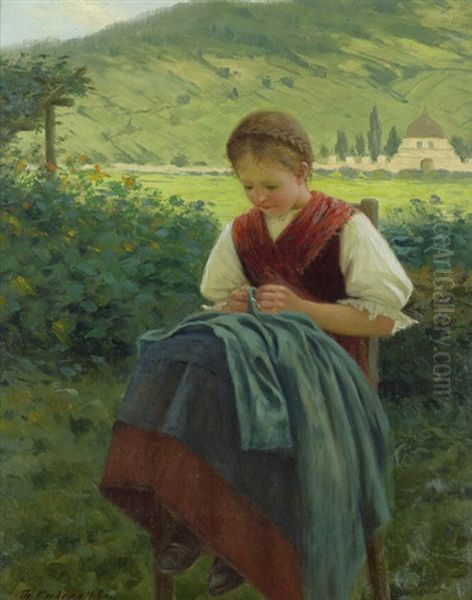 Die Junge Schneiderin (madchen In Tiroler Tracht Mit Einer Naharbeit) Oil Painting by Theodor Kleehaas