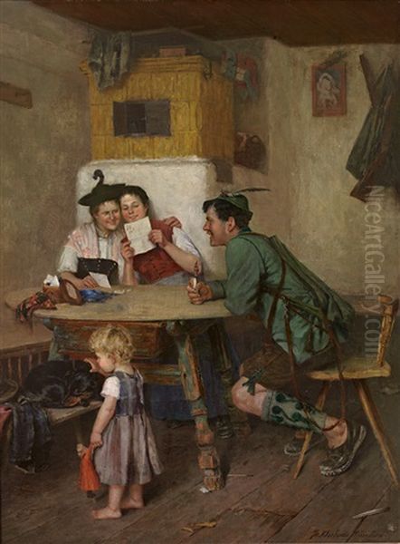 Interieur Einer Landlichen Stube. Familie Am Tisch Liest Freudig Einen Brief Oil Painting by Theodor Kleehaas