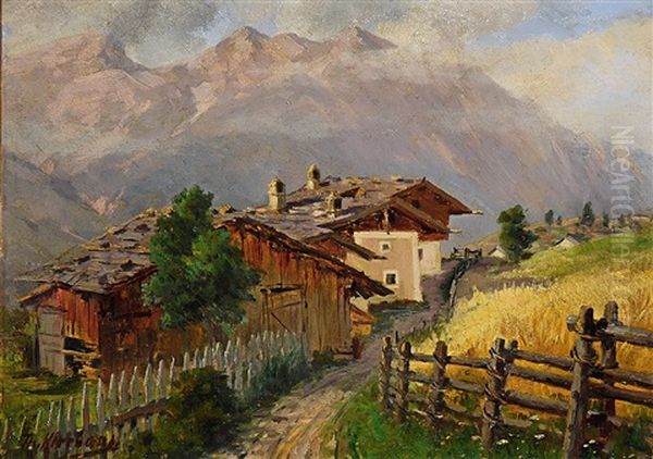 Bauernhauser In Tirol (sketch) Oil Painting by Theodor Kleehaas