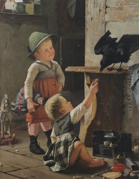 Feeding The Pet Raven Oil Painting by Theodor Kleehaas