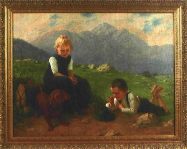 Geschwisterparchen Mit Dackel Spielend Auf Der Hochalm Vor Felsenpanorama Oil Painting by Theodor Kleehaas