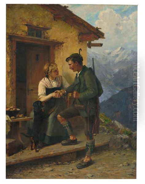 Besuch Des Jagers Bei Der Sennerin Oil Painting by Theodor Kleehaas