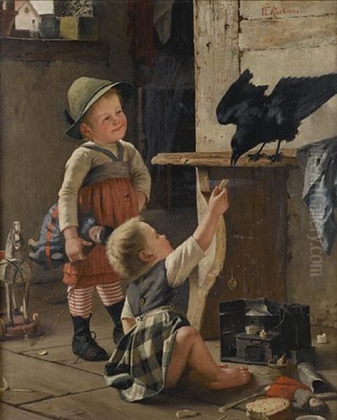 Feeding The Pet Jackdaw Oil Painting by Theodor Kleehaas