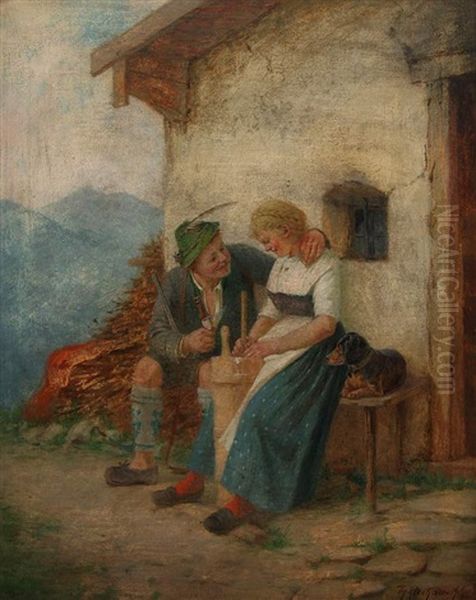 Liebespaar Vor Haus Mit Dackel Oil Painting by Theodor Kleehaas