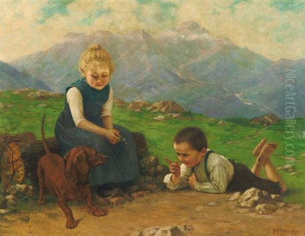 Kinderpaar Auf Einer Alm Erzieht Einen Dackel Oil Painting by Theodor Kleehaas