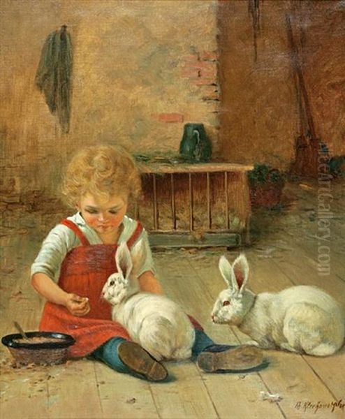 Madchen Mit Zwei Hasen-girl Playing With Two Rabbits Oil Painting by Theodor Kleehaas