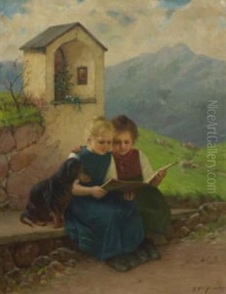 Zwei Lesende Madchen Mit Dackel Bei Einem Bildstock In Gebirgslandschaft Oil Painting by Theodor Kleehaas