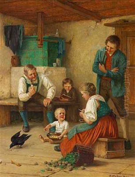 Interior Med En Bondefamilie. Et Lille Barn Forstyrres I Sin Middag Af En Sort Ravn Oil Painting by Theodor Kleehaas