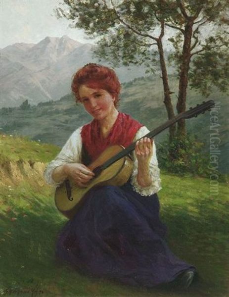 Madchen Mit Gitarre Auf Einer Almwiese Oil Painting by Theodor Kleehaas