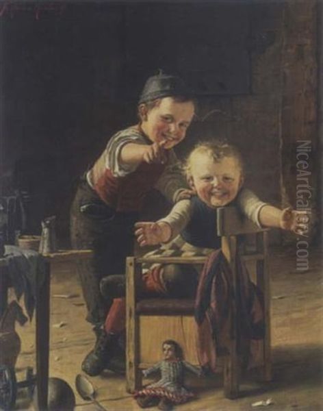 Zwei Spielende Kinder Oil Painting by Theodor Kleehaas