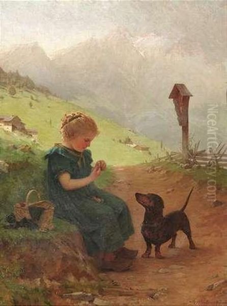 Ein Kleines Madchen Sitzt, Begleitet Von Ihrem Hund, Am Wegesrand Oil Painting by Theodor Kleehaas