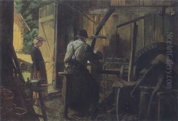 Besuch In Der Schleiferwerkstatt Oil Painting by Theodor Kleehaas